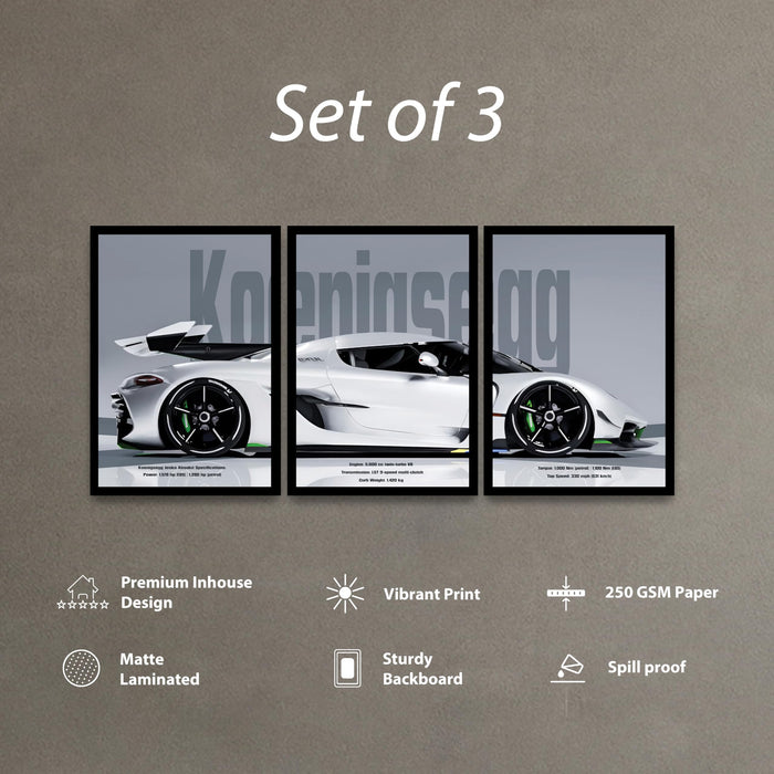 Framed Racing Car Wall Decor for Men | Modern Race Car Wall Art Painting for Bedroom, Living Room, Office and Home Wall Decoration (Set of 3, 33x45 cm)