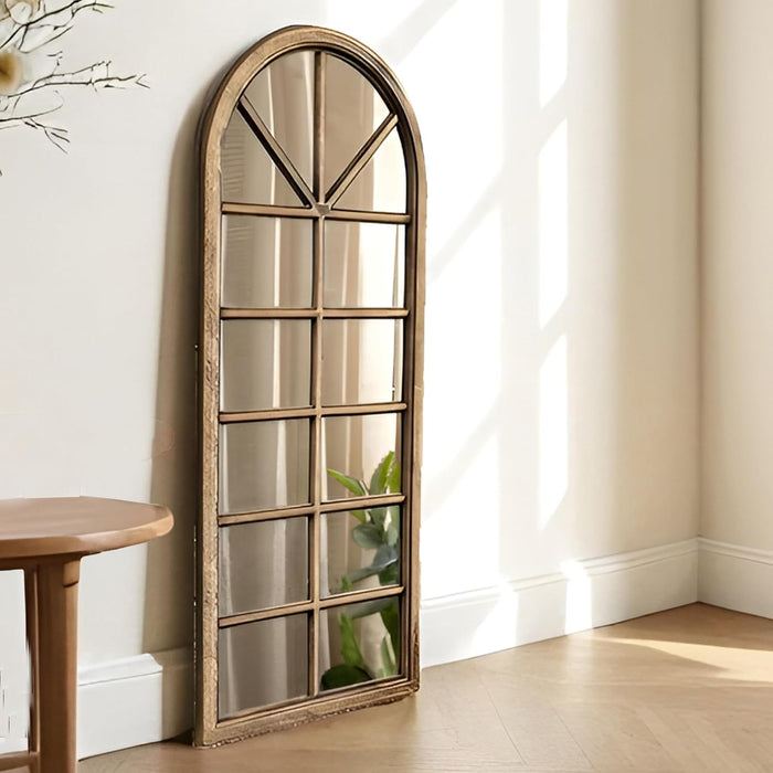 Bronze Arched Windowpane Wall Mirror Full Length Semicircular Grid Design, Rustic Wood Finish, Vintage Window Frame Style  32x76 cm