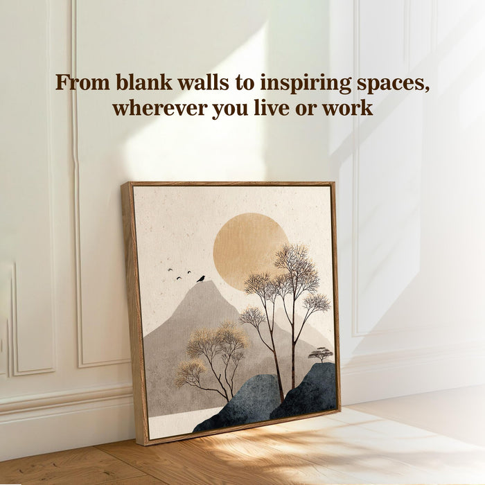 Boho Mountain Sun Landscape Framed Painting For Living Room | Japandi Abstract Landscape Large Canvas Painting With Frame Wall Art For Bedroom, Hallway's, Office, Hotel, Size 58x58 cm