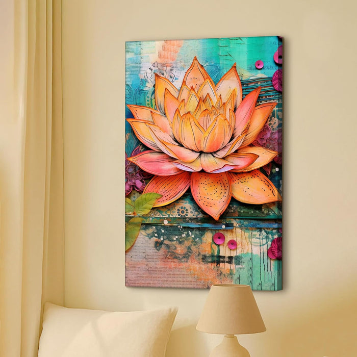 Abstract Multicolor Digital Art of Lotus Flower Stretched Canvas Painting with Frame – Wall Art – Framed Canvas Wall Décor (23x35 Inch)