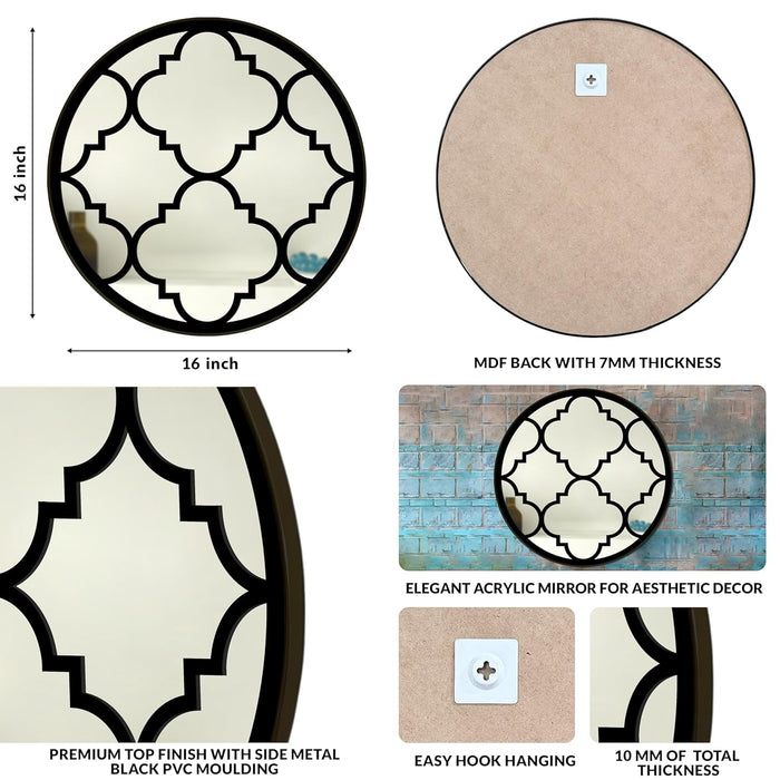 Decorative Round Acrylic Jali Wall Mirror with Side Metal Black PVC Moulding, Wall Mirror (16x16 Inch)
