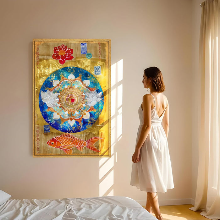 Abstract Mandala Art of Lotus and Koi Fish Multicolor Wall Art on Stretched Canvas – Frameless Unframed Gallery Wrap Canvas Wall Art 22x34 Inch