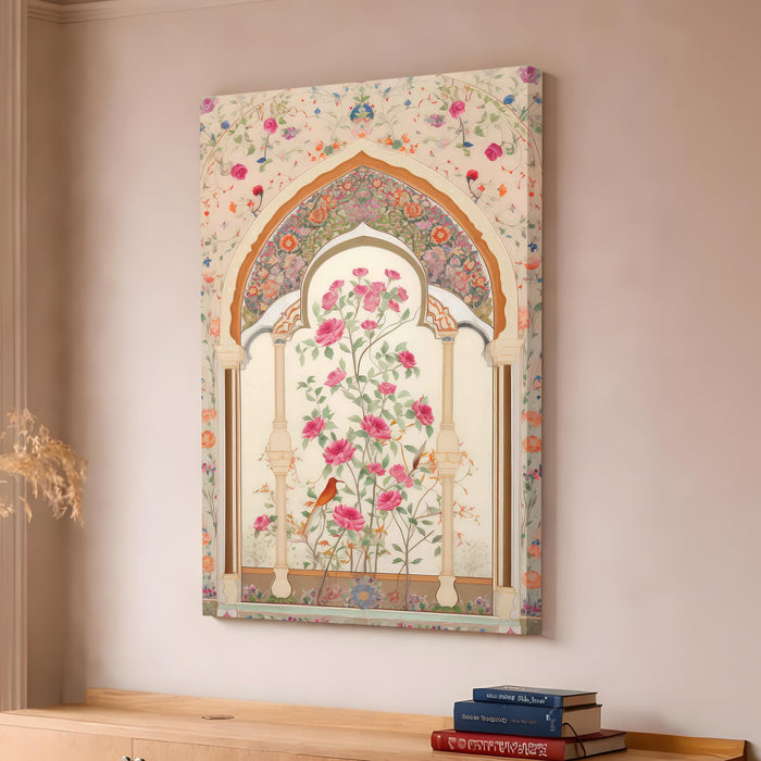 Mughal Rose Garden Stretched Canvas Painting For Living Room | Madhubani Royal Jharokha Stretched Canvas Wall Art For Livingroom Home Decor, Bedroom, Hallway's, Office, Hotel - 56x86 cm