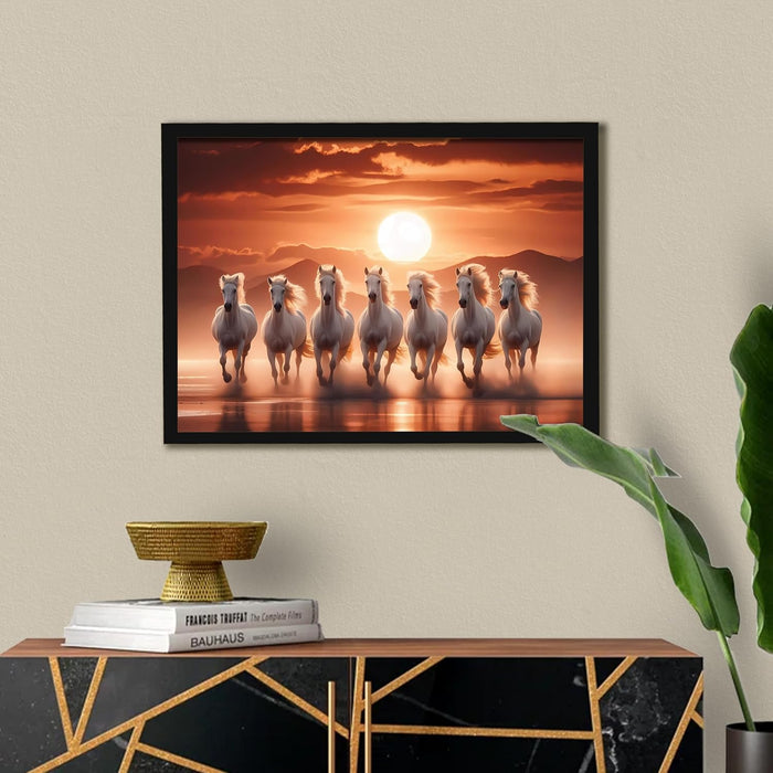 Abstract Wall Art Eight Running Horses Vastu Feng Shui Multicolor | Digital Painting Framed with Engineered Wood Frame (17x23 Inch)