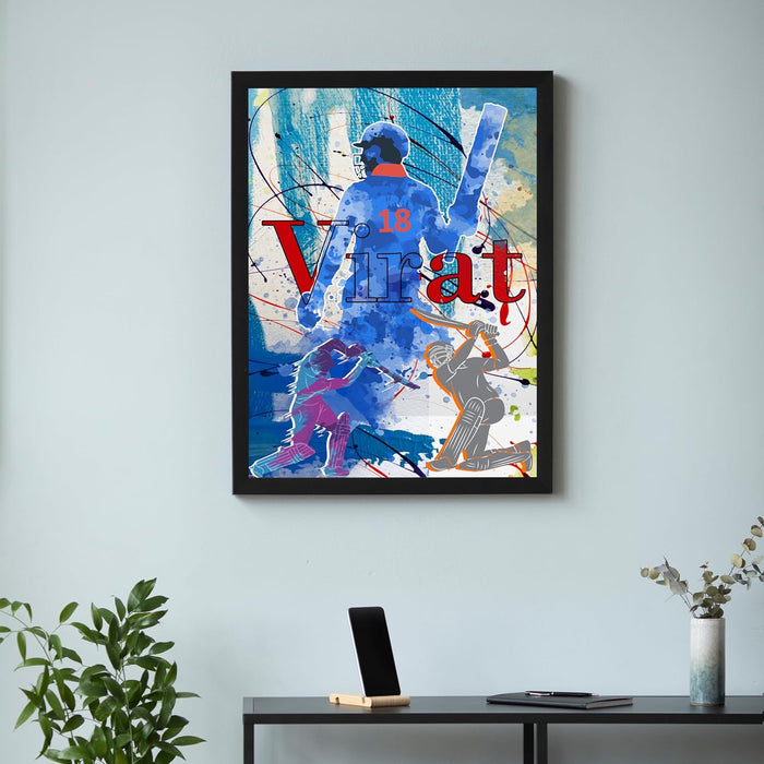 Framed Wall Hanging Art Print of Cricket Batsman Batting Sports Poster For Home Decor (12.7X17.5 Inch)