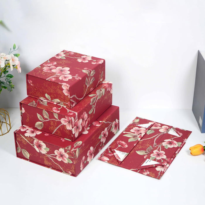 Foldable Cardboard Flowers Printed Hamper Gift Box Set of 2, Multipurpose Gift Hamper Box For Special Occasions, Wedding Gift Packaging (Red, 9x12 inch)