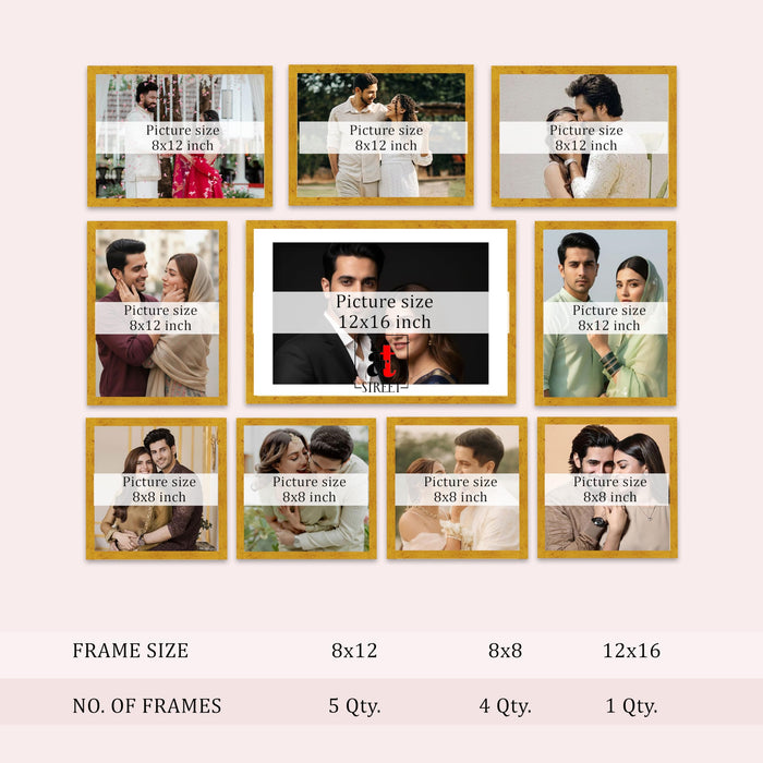 Art Street Photo Frame Set of 10 Gold Wall Decor Collage Display Hanging Family Picture Frames Gallery Collection Decor Items Wall Mount Frames Birthday Anniversary Gift, 8x8, 8x12 and 12x16 In