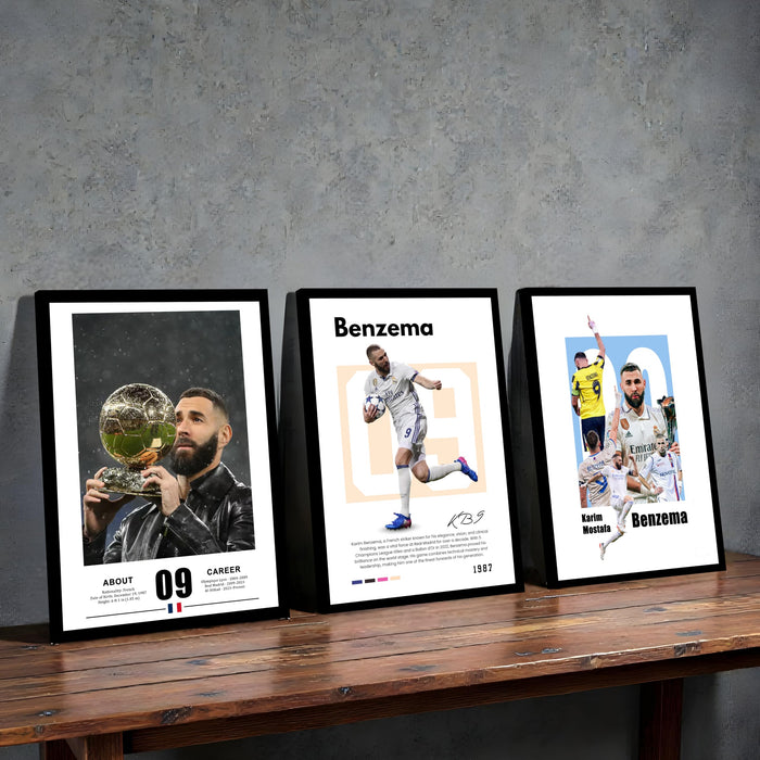 Karim Benzema Sports Painting With Frame for living room, Football Player Framed Wall Art Painting for Home Decor Set of 3, Size 13.6 by 17.9 Inch