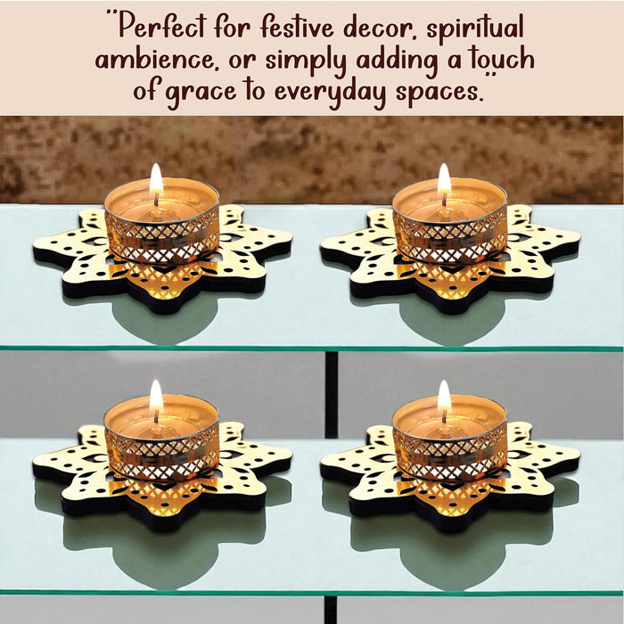 Decorative Diwali Tealight Diya Holders for Home Decoration, Dipawali Décor Items, Diwali Temple Decoration - MDF Wood Tea Light Candle Holder Star Floral Shaped Stand –11x11 cm