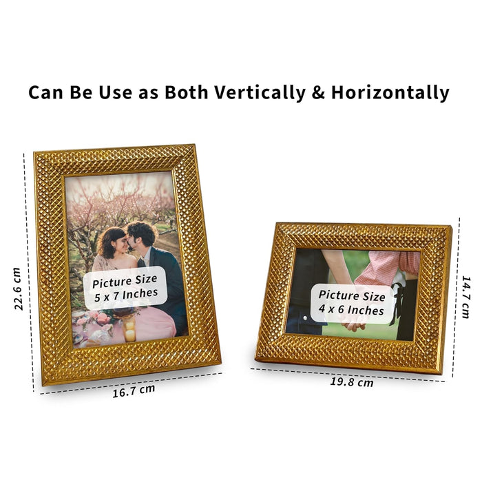 Photo Frame for Table Set of 2, Plexi Glass, Engineered Wood Photo Frame (Gold, Size- 4x6 & 5x7 Inch)