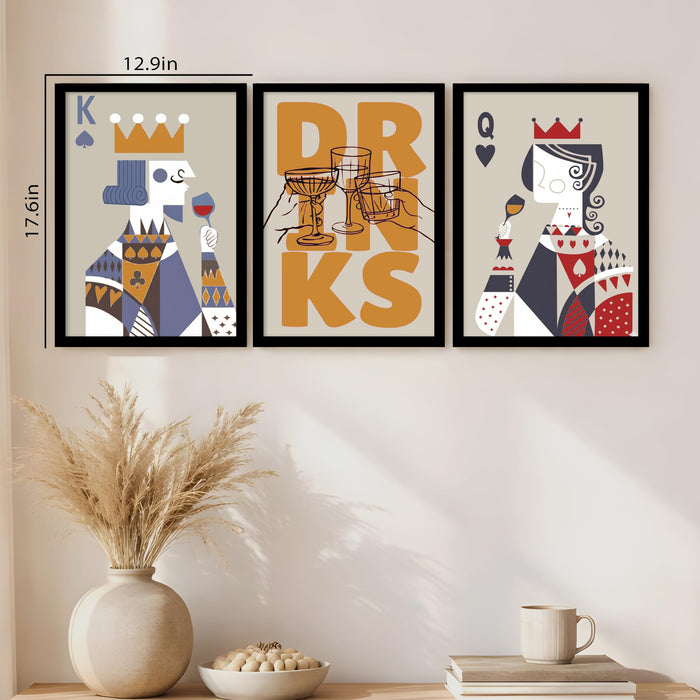 Poker King Queen Retro Graphic A3 Framed Poster for Living Room With Frame, “Drinks” Retro Framed Posters for Home Decor Bar Pub Lounge Dining area restaurant Hotel Set of 3, Size 33x45 cm