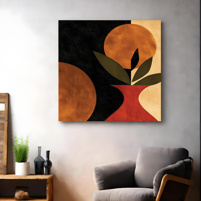 Boho Abstract Botanical Stretched Canvas Wall Art Painting For Living Room, Modern Minimalist Leaf & Vase Painting for Living Room, Office & Home Decor (56xx56 cm)