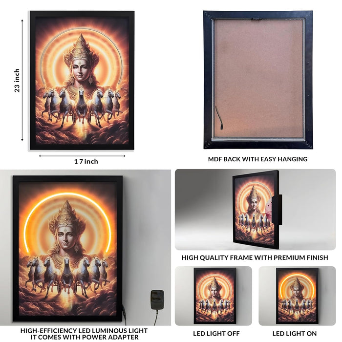 Surya Dev LED Wall Art, Vastu & Feng Shui Painting with LED Light, Spiritual Artwork of Surya Dev Riding Seven White Horses, Wall Decor 43x58 cm