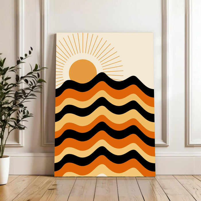 Abstract Sun Rise Mountains Rainbow Stretched Canvas Wall Art Modern Boho Illustration Painting for Home & Office Wall Decor, (16x22 Inch)