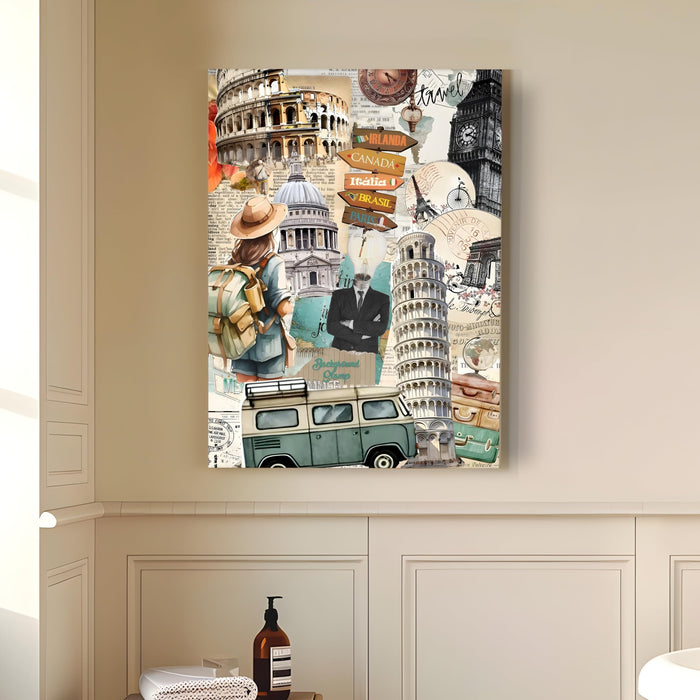 World Travel Collage Canvas Wall Painting | Canada Italia Brazil Paris Travel pop art Canvas Wall Painting For Home and Office Wall Décor (41x56 cm)