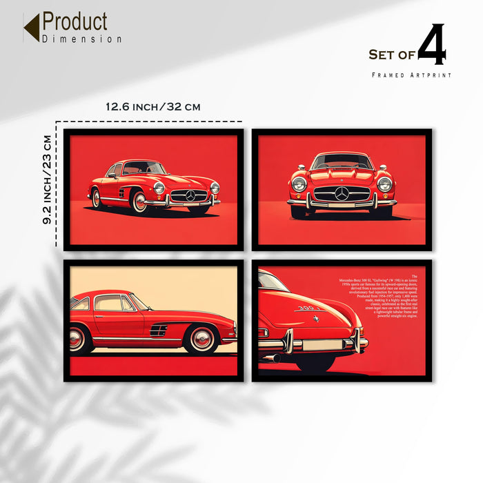 Mercedes 300 SL Gullwing Framed Wall Art Painting Set of 4 | Classic Luxury Car Illustration Prints for Living Room, Office & Studio Décor, 23x32 cm