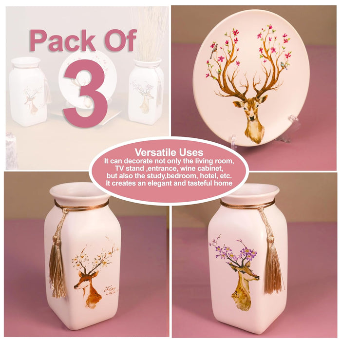 Flower and Deer Pinted Ceramic Vases and Decorative Plate Combo for Décor (White, 4.5x9 Inch and 8x8 Inch)