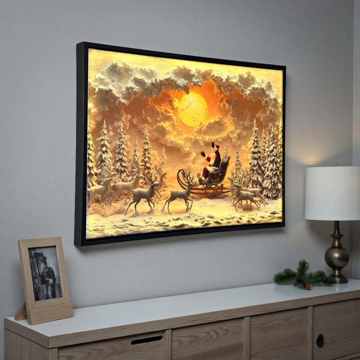LED Christmas Wall Painting Lighted Holiday Décor with Santa Sleigh and Reindeer Scene Painting, Winter Landscape for Home, Living Room Festive Decoration (23x17 Inch)
