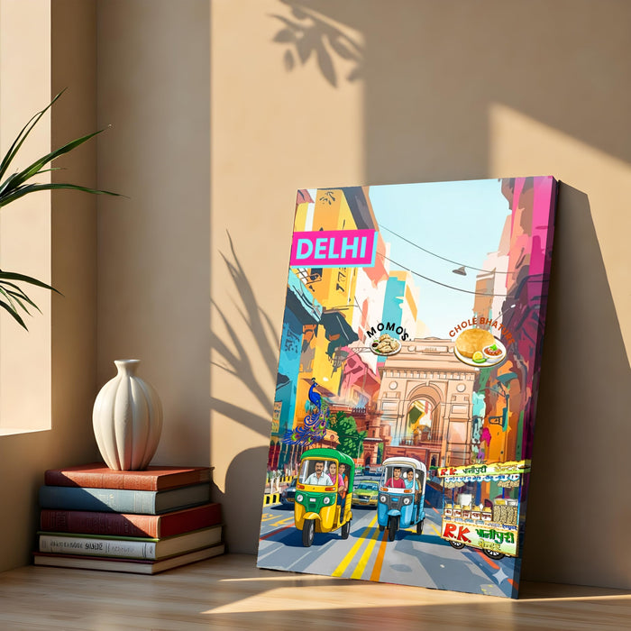 Delhi Landmarks Collage Mixed Media Canvas Wall Painting | Travel pop art Canvas Wall Painting For Home and Office Wall Décor (41x56 cm)
