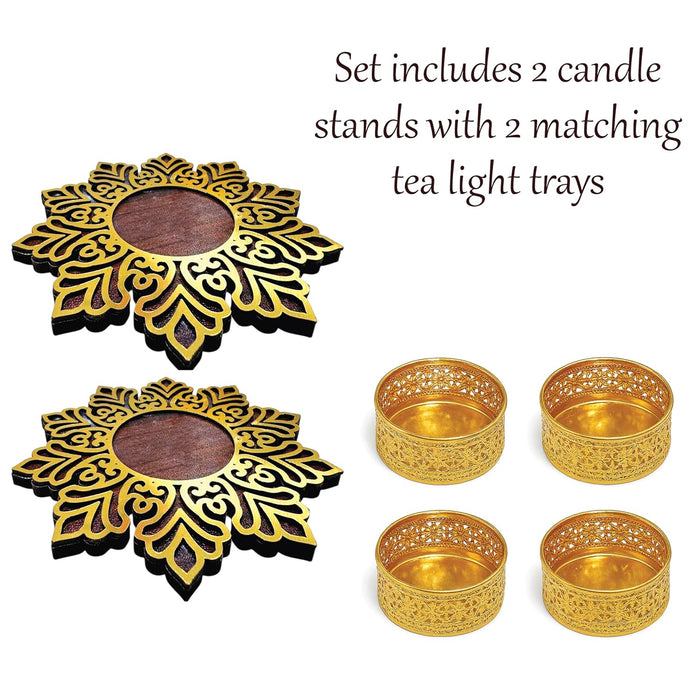 Decorative Diwali Tealight Diya Holders for Home Decoration, Dipawali Décor Items, Diwali Temple Decoration - MDF Wood Tea Light Candle Holder Stand Flower-shaped stands –11x11 cm