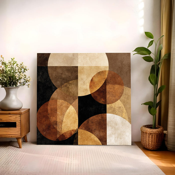 Abstract Geometric Stretched Canvas Wall Art Painting For Living Room, Mid-Century Modern, Minimalist Round Overlapping Shapes in Earthy for Living Room & Office (56xx56 cm)