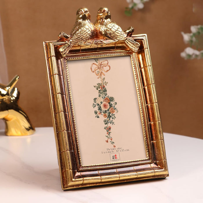 Vintage 4x6 Inch Photo Frame Golden Brown – European Style Resin Picture Frame with Birds Design, Tabletop Display, Antique Look, 10x15 cm