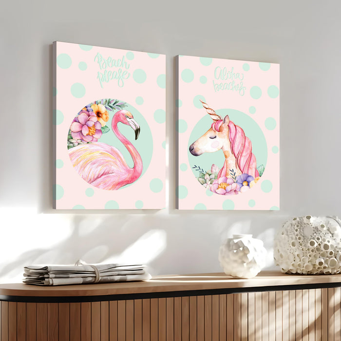 Flamingo & Unicorn Theme Stretched Canvas Art Print, Paintings Pack of 2 | Digital Print On Stretched-Canvas (30x41 CM)