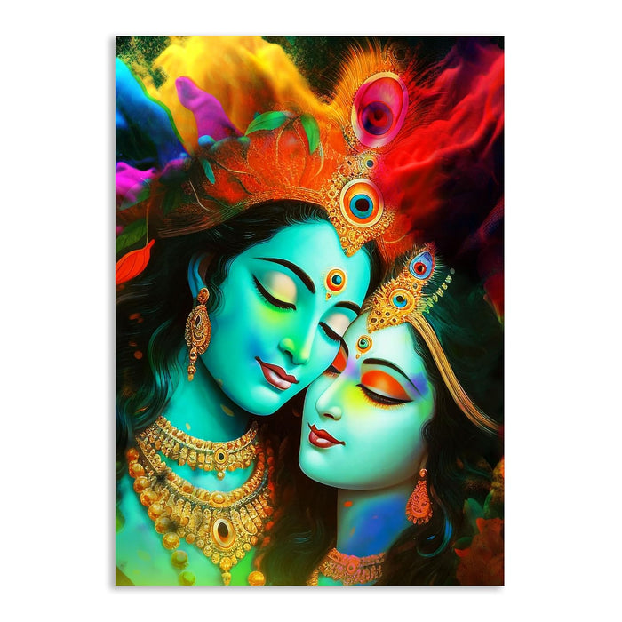 Stretched Canvas Divinity Love of Radha Krishna Rangoli Paintings For Home Decoration, (Size: 16x22 Inch)