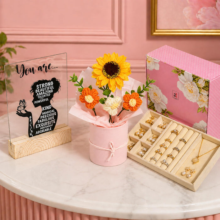 Art Street Rakshabandhan Gift Hamper for Sister with Elegant Crochet Flower Bouquet in Pink Pot, Acrylic Frame with Quote & Velvet Lined Jewelry Box