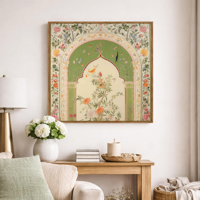 Floral Jharokha Framed Painting For Living Room | Traditional Madhubani Large Canvas Painting With Frame Wall Art For Bedroom, Hallway's, Office, Hotel, Size 58x58 cm