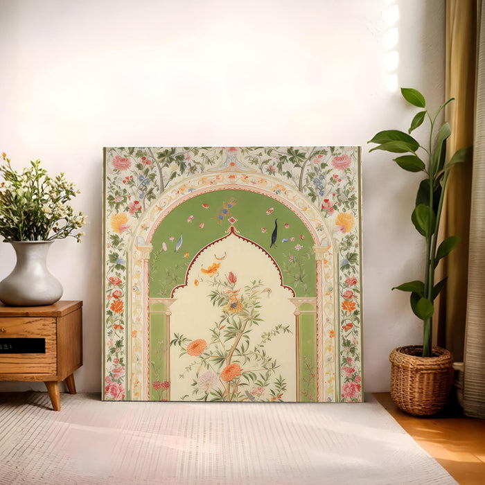 Traditional Indian Mughal Art Stretched Canvas Wall Art Painting For LIving Room, Pichwai Floral Jharokha Design with Enchanted Blossoms & Birds for Living Room, Office & Home (56xx56 cm)