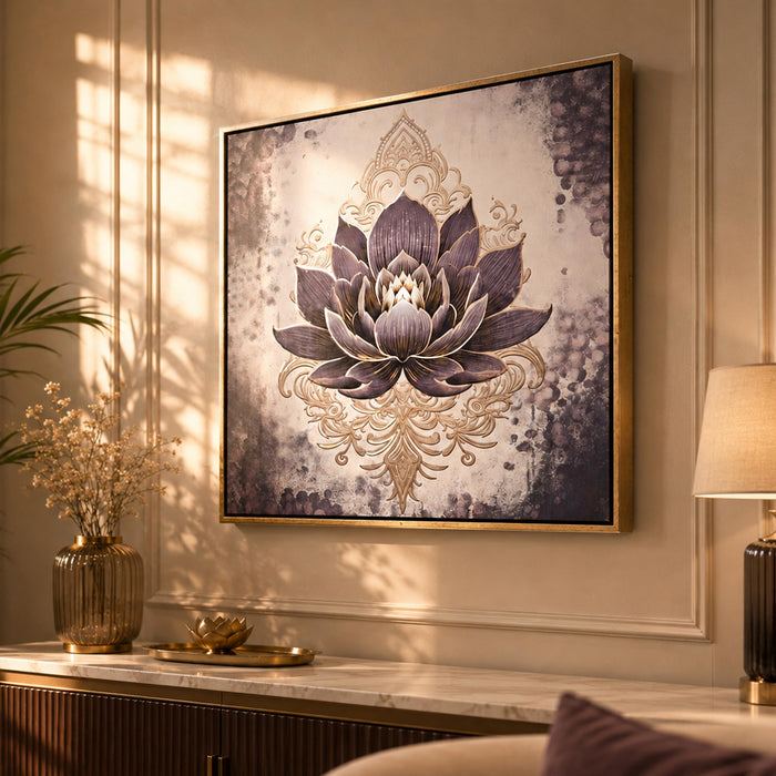 Vastu Lotus Gold Foil Canvas Painting For Living Room | Premium Golden Textured Abstract Floral Canvas Wall Art with Frame for Home Wall, Decoration Item for Pooja Room, Home 23x23 Inch