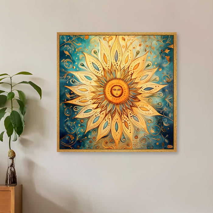 Multicolor Abstract Canvas Framed Painting Wall Art - Mustard Teal Beige Folk Art Sun Abstract Canvas Wall Décor Painting (58x58 cm)