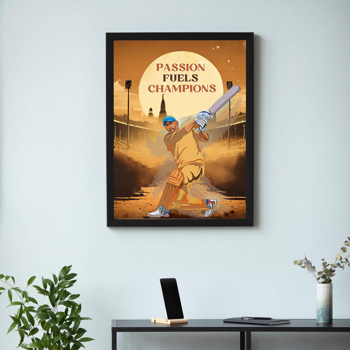 Art Street Framed Wall Hanging Art Print of Cricket Batsman Mahi in Action Sports Poster For Home Decor, Living Room, Hotel And Office Decor, (12.7X17.5 Inch)