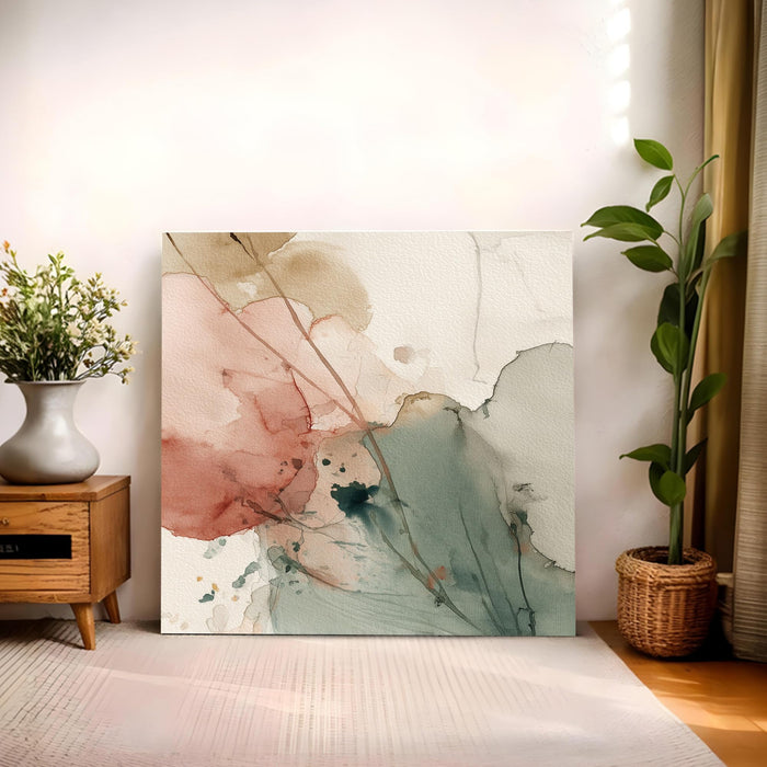 Modern Abstract Stretched Canvas Wall Art Painting For Living Room, Minimalist Sage Green & Terracotta Botanical Nature Painting, Wall Decor for Living Room, Bedroom & Office (56xx56 cm)