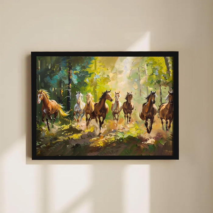 Abstract Wall Art Eight Running Horses Vastu Feng Shui Multicolor | Digital Painting Framed with Engineered Wood Frame (17x23 Inch)
