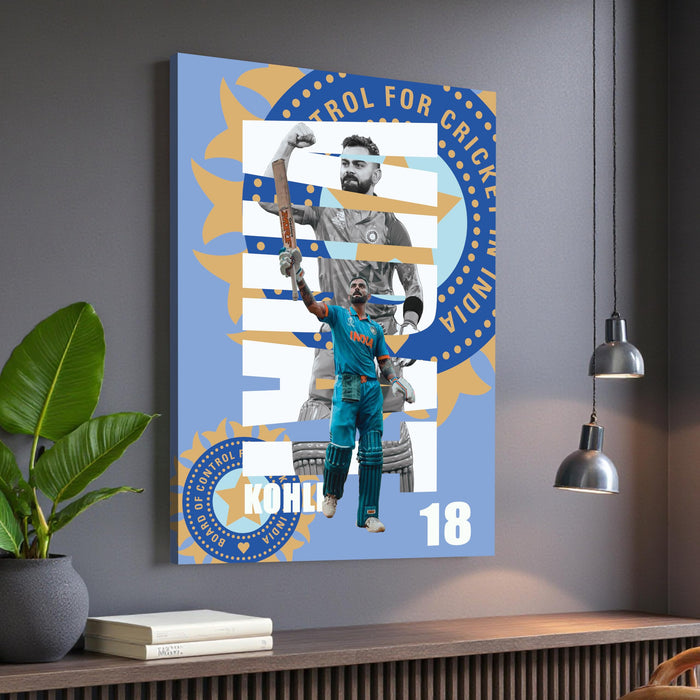 Virat Kohli Stretch Canvas Painting Wall Art Poster, King Kohli 18, Indian Cricket Team Fan Gift, for Bedroom, Living Room, Office, Home Decor, Virat Kohli Canvas Poster 16 x 22 Inch