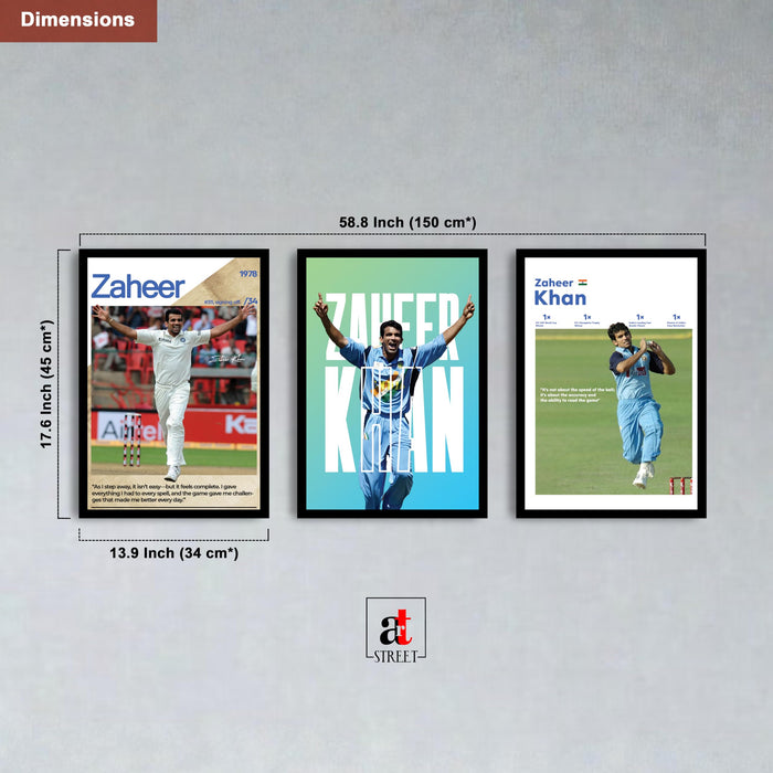Zaheer Khan Cricket Wall Art | Legendary Indian Fast Bowler Posters | Framed Sports Wall Decor for Living Room, Bedroom, Office & Cricket Fans (13.9x17.6 Inch, Set of 3)