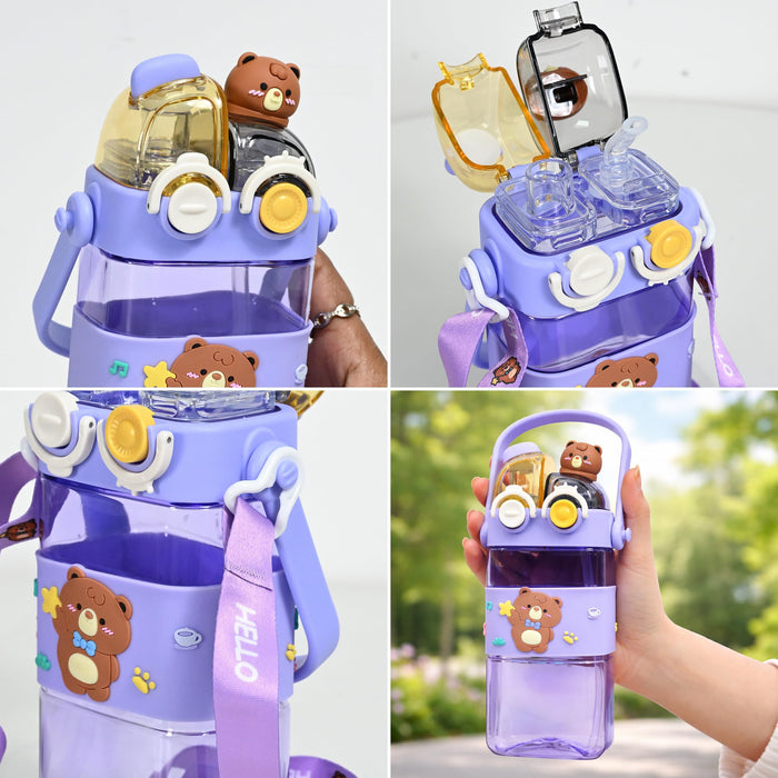 Art Street Cute Bear Kids Water Bottle with Straw & Strap - 580ml Leakproof BPA-Free Plastic Sipper—Cute Portable Dual-Drink Cartoon Tumbler for School, Girls & Boys (Purple, 17x7 cm)