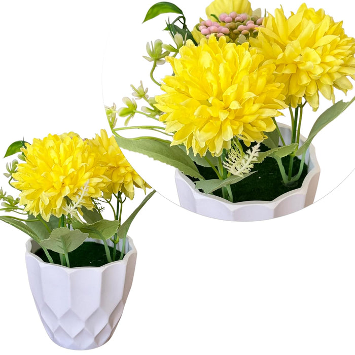 Ceramic Potted Vase Artificial Dhalia, Marigold Flower with Pot for Table Top (Yellow, Size: 3.5x7 Inch)