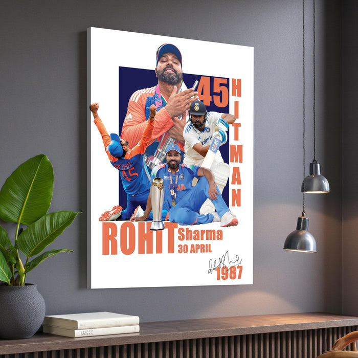 Rohit Sharma Stretch Canvas Painting Wall Art Poster, Hitman 45, Indian Cricket Team Fan Gift, Motivational Print for Bedroom, Living Room, Office & Home Decor, Rohit Sharma Canvas Poster 16 x 22 Inch