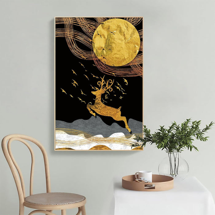 Canvas Painting Golden Emerald, Moon On Gold Line Mountain Framed Decorative Wall Art For Living Room (Size:23x35 Inch)