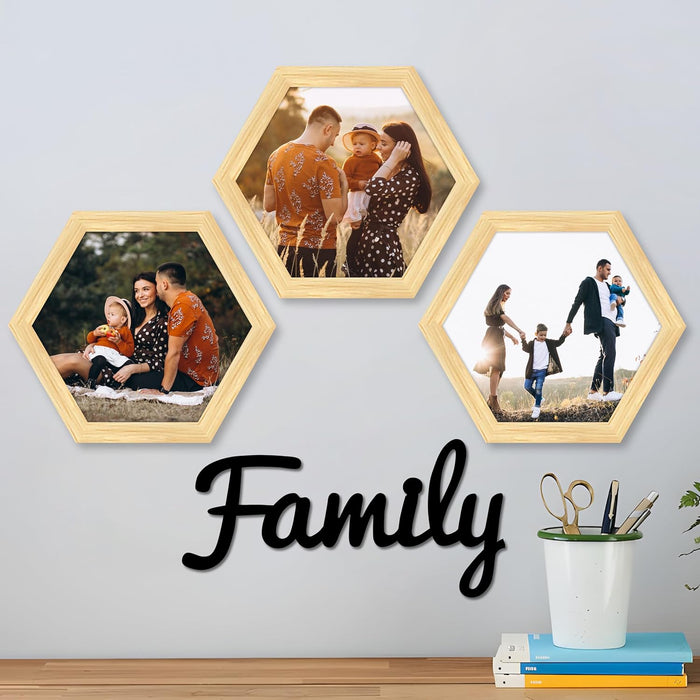 Hexagon Wall Photo/Picture Frame Set of 3, and 'Family' Word MDF Cutout (Size 10x9.2 Inch)