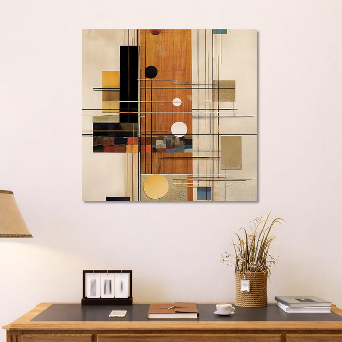Modern Geometric Abstract Stretched Canvas Wall Art, Mid-Century Modern Textured Painting with Gold, Copper & Black Accents, Large Square Painting for Living Room & Office Decor (56xx56 cm)