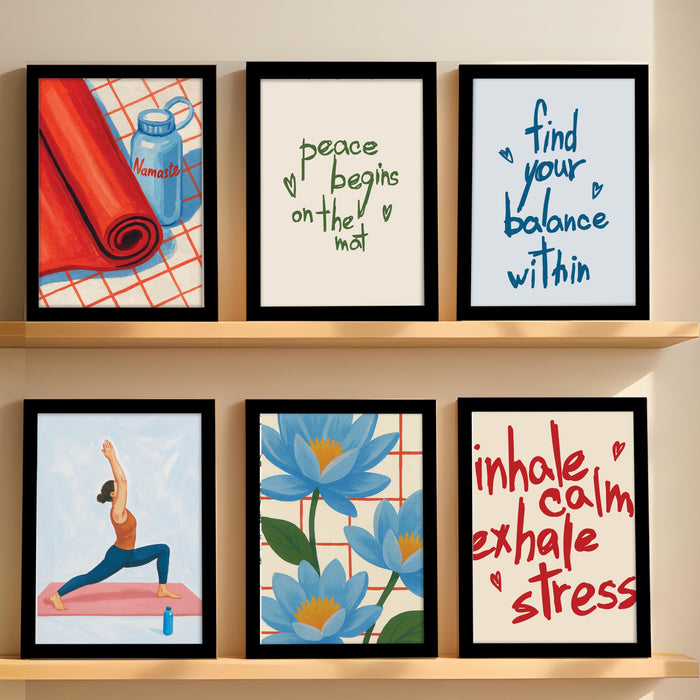 Set of 6 Yoga & Meditation Framed Posters – Inspirational Wall Art & Yoga Illustrations – Wellness, Mindfulness & Fitness Decor for Yoga Studio, Home Gym, Meditation Space, (24x32 cm)