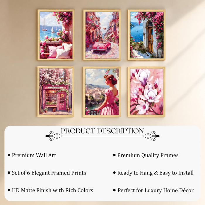 European Street Side Scenery Wall Art Painting for Living Room, Coquette Floral Aesthetic Wooden Framed Wall Art Print for Living Room, Bedroom & Office Decor (Set of 6, 13x9 inch)