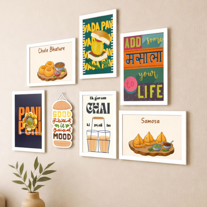 Indian Street Food Kitchen Framed Wall Art Painting Desi Food Illustrations & Quotes Painting with Frame for Kitchen, Restaurant, Set of 7 (1 MDF wall Hanging) 9x13 Inch