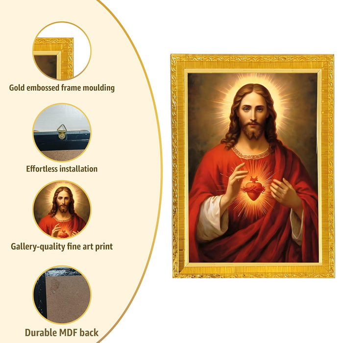 Jesus with Heart Photo Frame for Church, Pooja Room | Divine Christian Deity Wall Art (10x13 Inch)