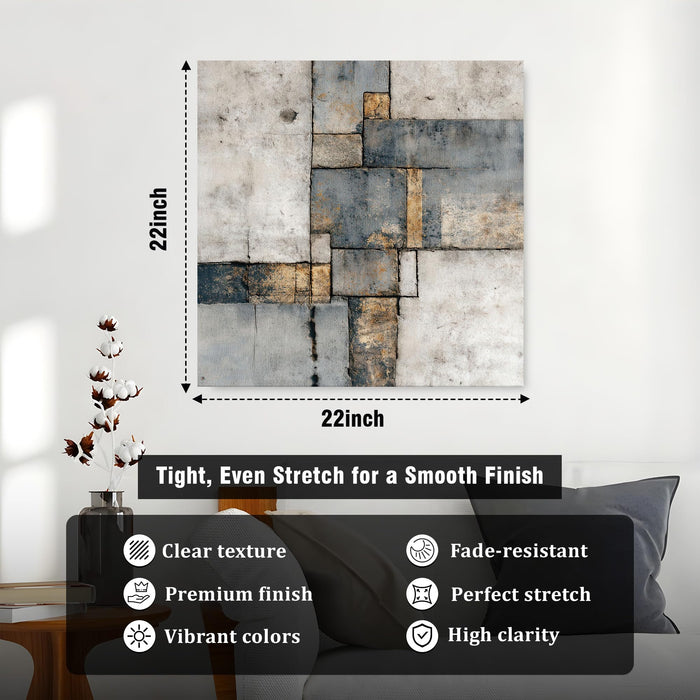 Abstract Industrial Tranquility Stretched Canvas Art Painting For Living Room, Gold & Blue Geometric Square Painting, Contemporary Decor for Living Room, Office & Home Decor (56xx56 cm)