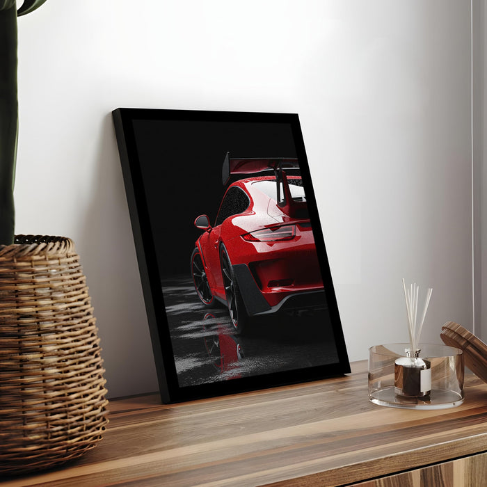 Automotive Motivational Framed Wall Art Print with Red Sports Car Illustration Prints, Retro Car Decor 32x44 cm